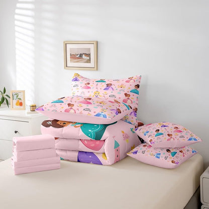 Erosebridal Kids Magical Princess 7 Piece Twin Comforter Set Bed in a Bag, Girly Cute Castle Microfiber Bedding for Sofa, Cartoon Rainbow Fitted Sheets Set for Kids Girls, Pink Princess Bed Set