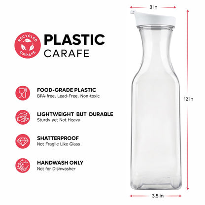 GUSTO [50 oz - 4 Pack] Plastic Carafe with Lid, Large Capacity Square Base - Clear Pitcher with Flip Top Lid, Easy-Pour Spout Juice Containers with Lids, Hand Wash Only - Perfect for Mimosa Bar