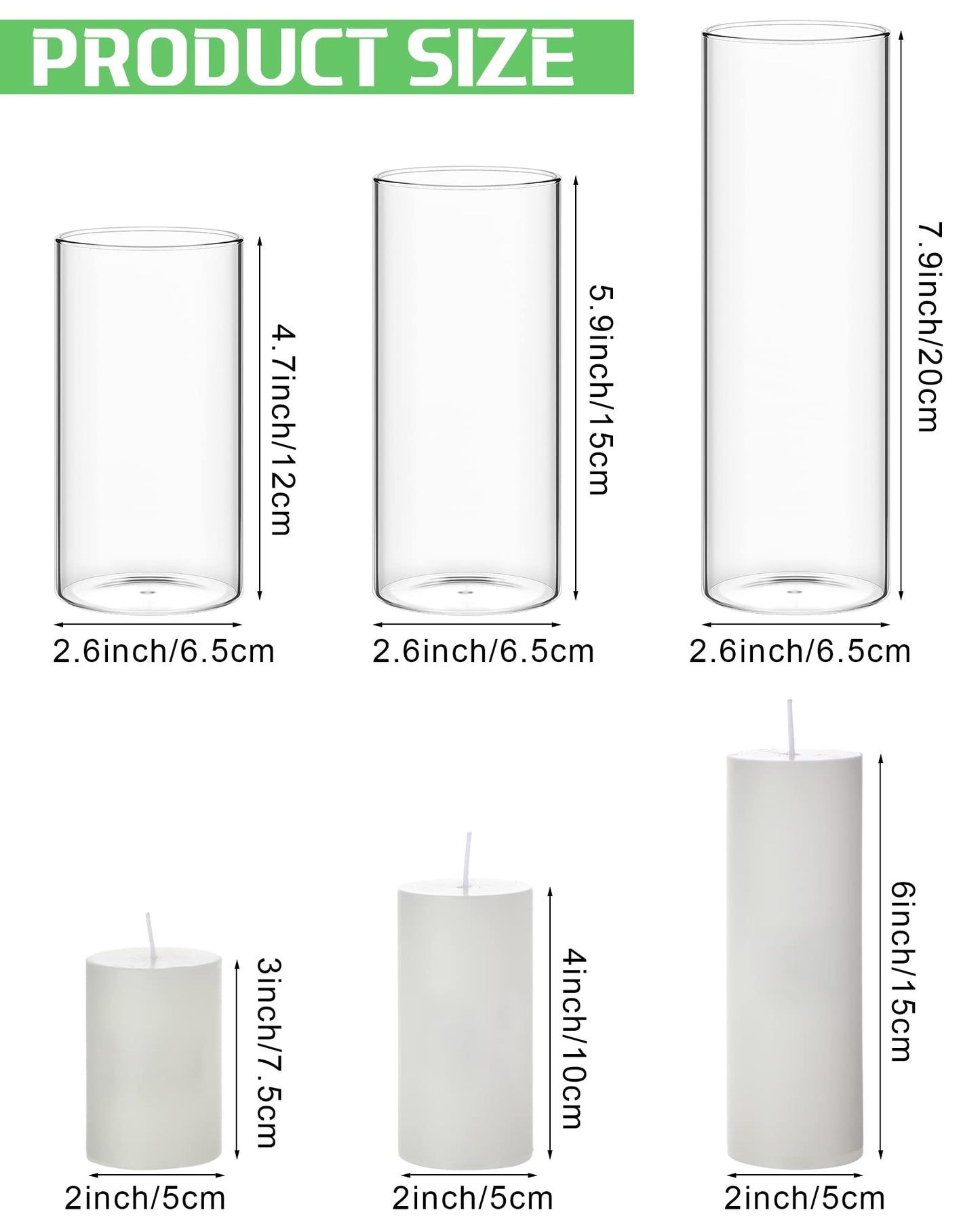 Shihanee 36 Pcs Pillar Candles and Glass Cylinder Vases Tall Cylinder Holders for Pillar Candles Wedding Centerpieces, Total 18 Sets(2.6'' X 4.7'', 5.9'', 7.9'',Clear,White)