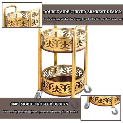 FGQuelleBM 2-Tier Serving Cart with Ornate Cut-Out Design, Mobile Beverage Cart Features Dual Handles, Crafted from Stainless Steel and Wood(Gold)