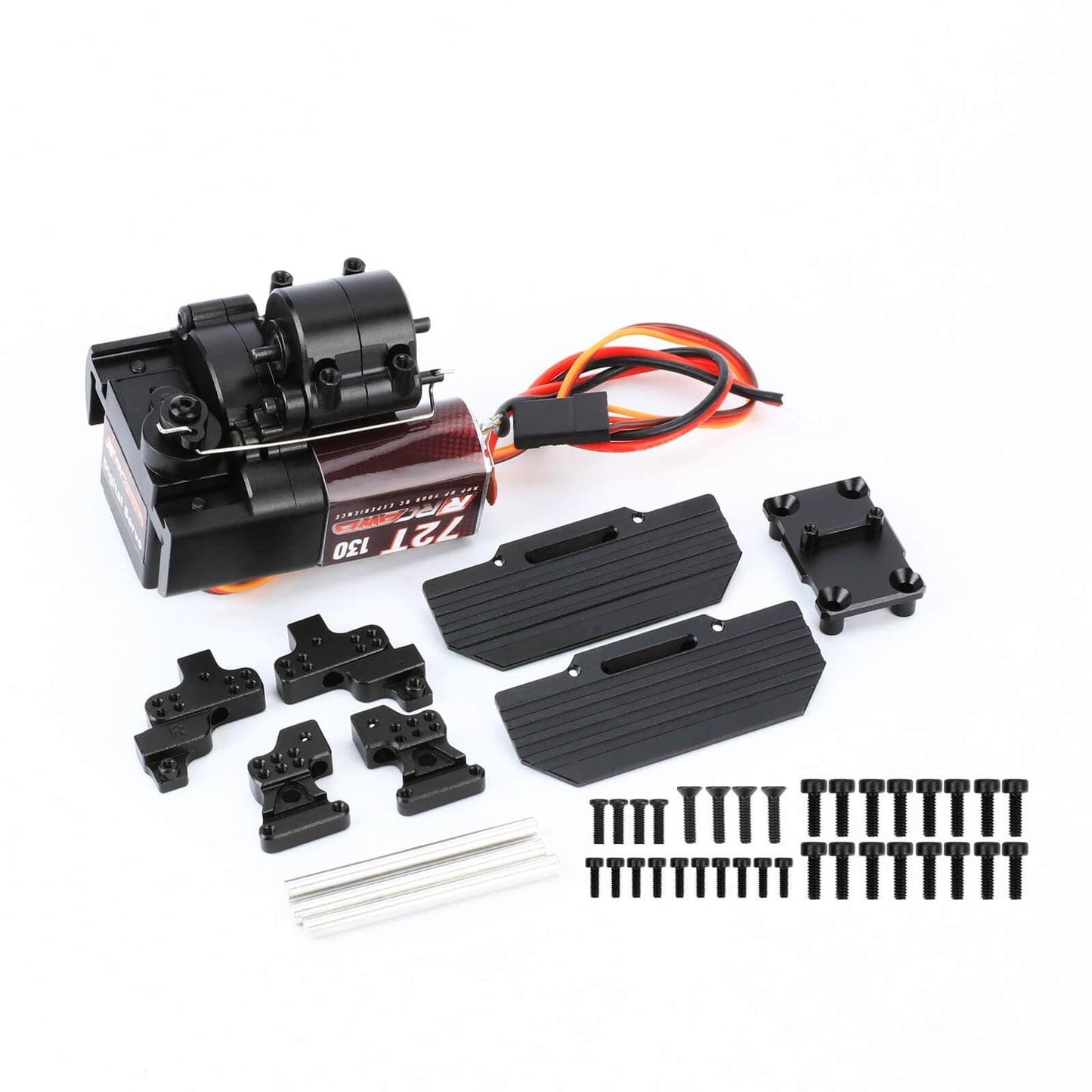 RCAWD SCX24 2 Speed Shifted 72T 130 RC Motor & 10% Torq Upgrade Gearbox Center Transmission Gear Set & Shock Tower Mounts & Slide Pedals for Bronco C10 Deadbolt JLU Gladiator Dodge Power Wagon Black