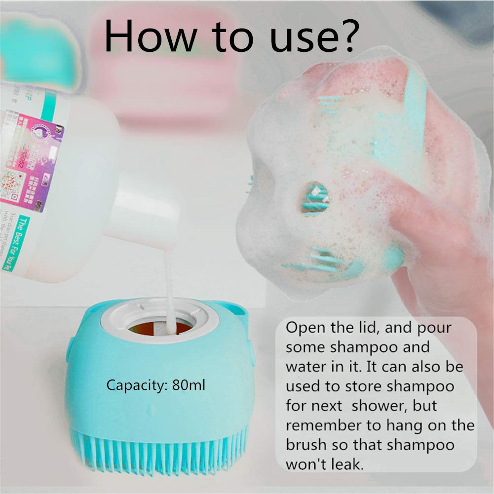 Misthis Portable Dog Bath Brush - Pet Massage Brush Shampoo Dispenser Soft Silicone Brush Rubber Bristle for Dogs and Cats Shower Grooming (Blue)
