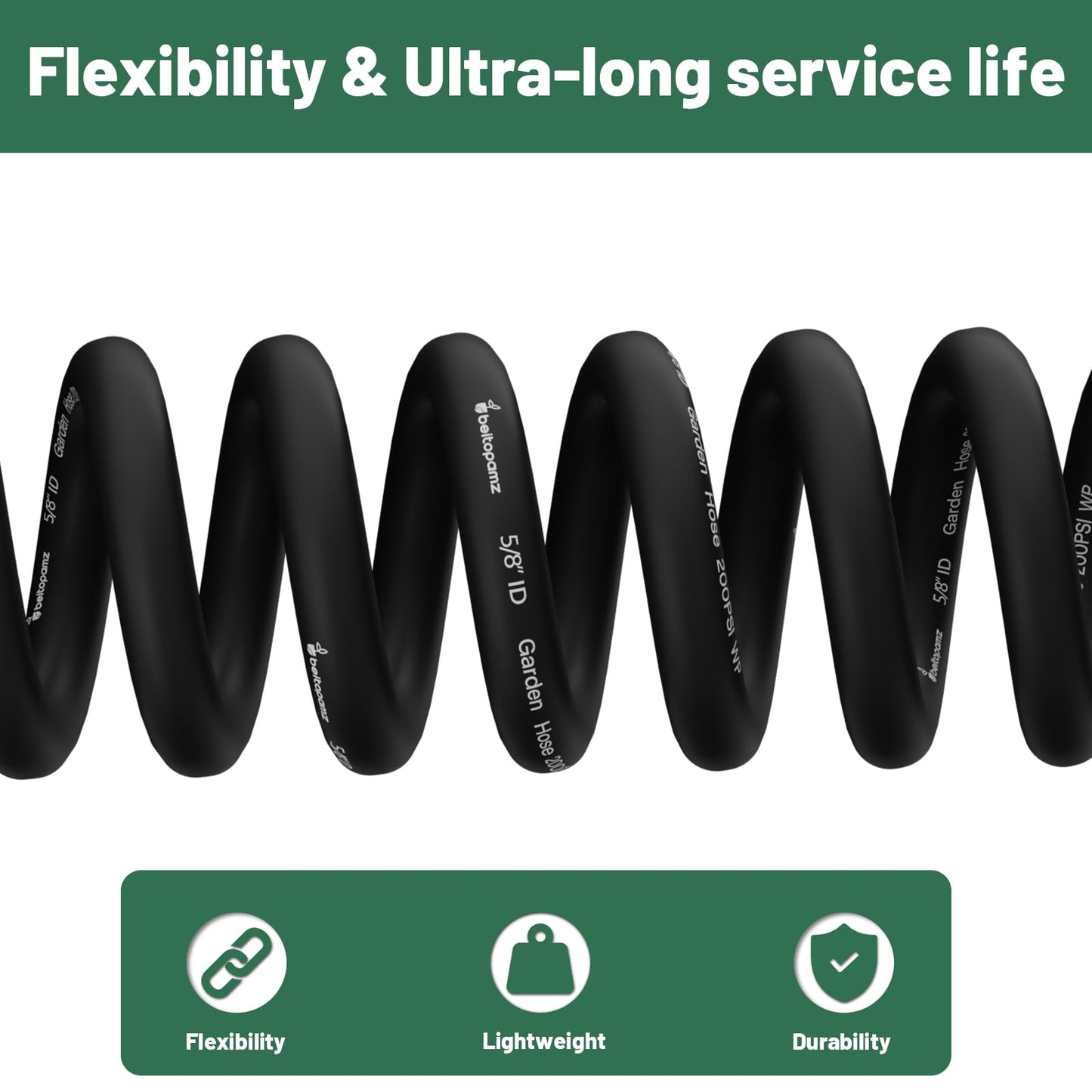 Beitopamz 150 ft Garden Hose, 5/8 in Heavy Duty Water Hose, Flexible and Durable, Lightweight Rubber Hybrid Hose, Leak-Free Connections, Male to Female 3/4'' Brass Fittings for Patio, Lawn, Black