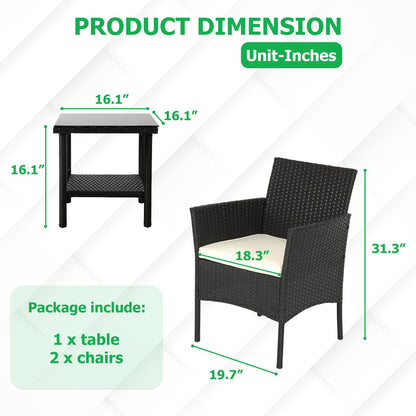 FDW Wicker Outdoor Furniture Patio Furniture Set of 3 Rattan Patio Chairs Outdoor Chairs Patio Conversation Set with Coffee Table for Yard Backyard Lawn Porch Poolside Balcony,Black