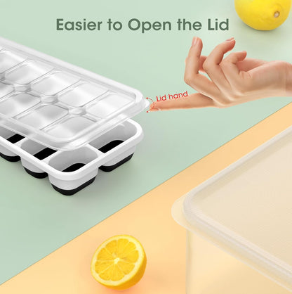 DOQAUS Ice Cube Tray with Lid and Bin, 4 Pack Silicone Plastic Ice Cubes Trays for Freezer with Box/Container, Stackable with Storage Iced Bucket Kits, Scoop, for Baby Food, Cocktail, Coffee
