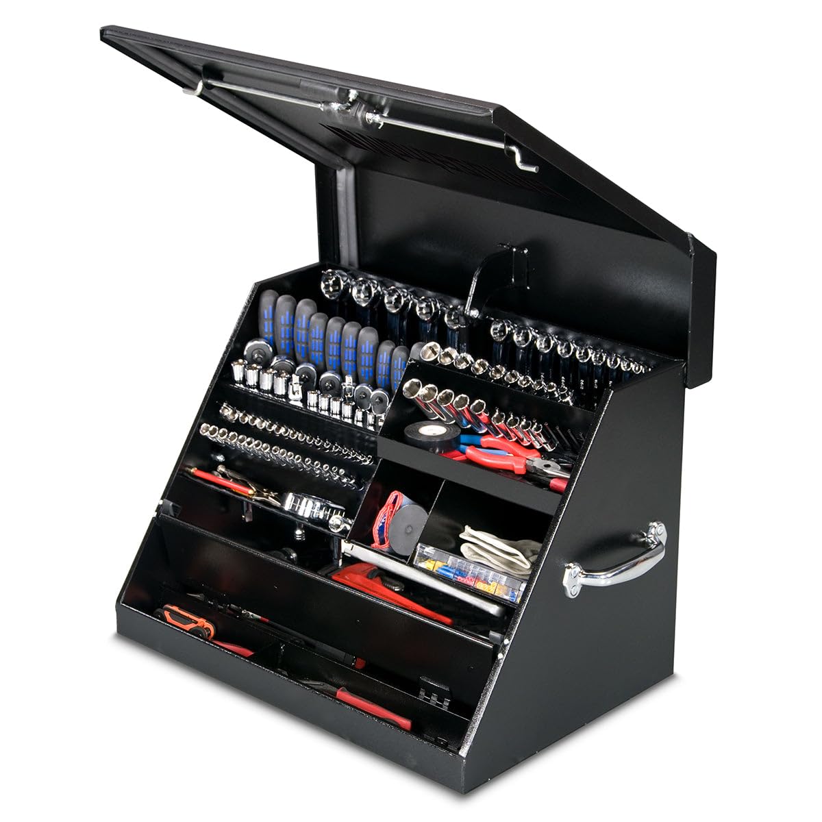 Montezuma – SE250B – 26-Inch Portable TRIANGLE Toolbox – Multi-Tier Design – Heavy-Duty Steel Construction – SAE and Metric Storage Chest – Weather-Resistant Toolbox – Lock and Latching System, Black