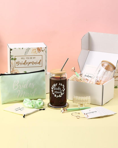 DHQH Bridesmaid Proposal Gifts Box Set, Will You Be My Maid of Honor Gifts for Bridal Shower Wedding, Bridesmaid Gifts Basket With 16 oz Iced Coffee Cup Bracelets Necklace (36pcs)