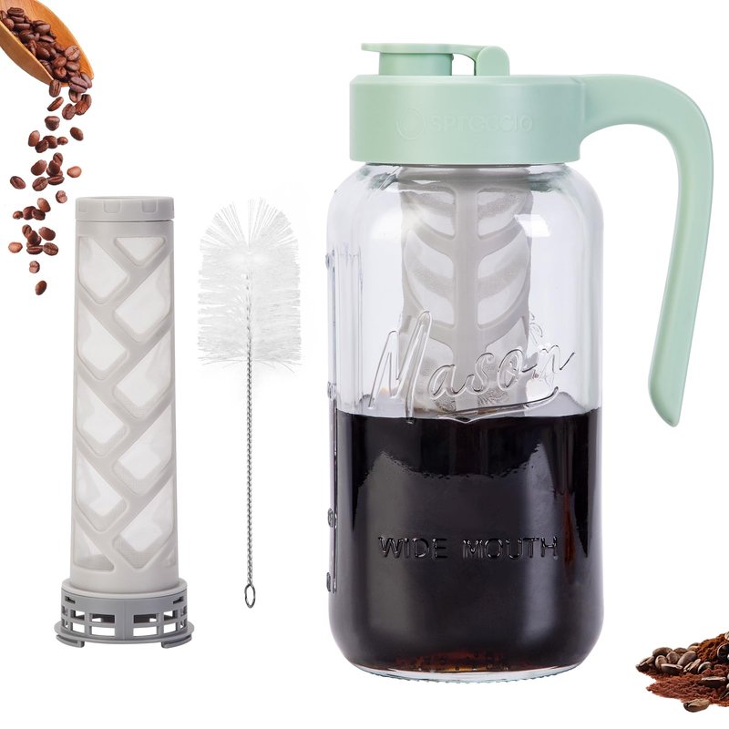 Spreccio Cold Brew Coffee Maker Glass, Airtight & Leakproof Mason Jar Pitcher with Cold Brew Filter, 64 oz Glass Pitcher with Lid for Iced Coffee, Lemonade, Ice Tea