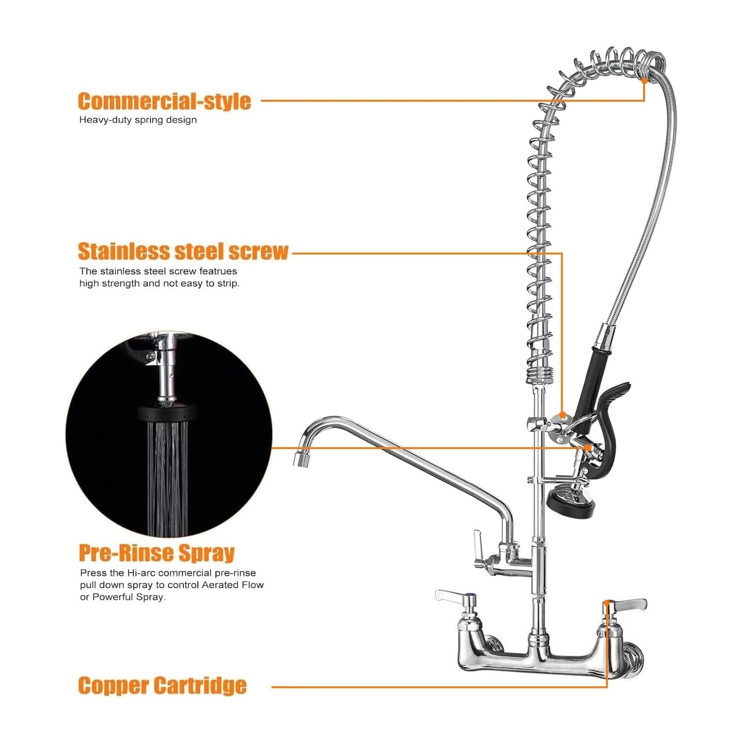 Commercial Sink Faucet with Sprayer for Kitchen: MSTJRY 42" Height 8" Center 14" Swing Spout Pre Rinse Assembly Wall Mount Commercial Faucet with Sprayer Fit for 3 Compartment Sink - Polished Chrome