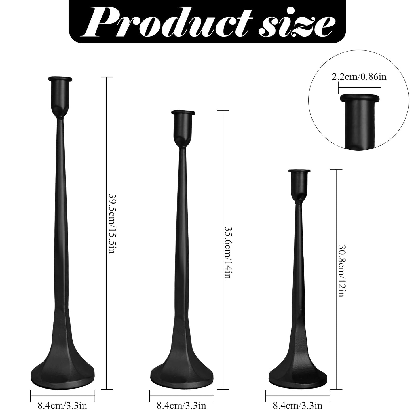 Iron Taper Candle Holders Set of 3, Black Metal Candlestick Holders for Taper Candles, Tall Decorative Candle Stands for Wedding Centerpieces, Dining Table, Mantel & Home Decor (Black, 12" 14" 15.5")