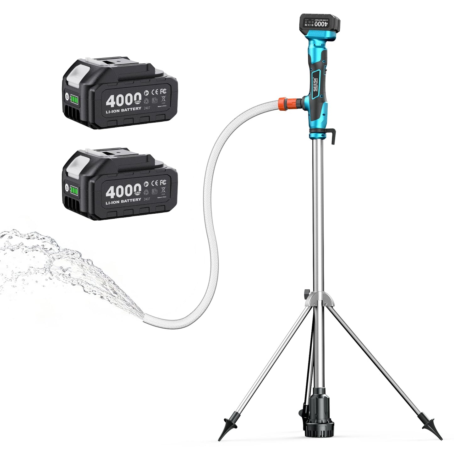 SEESII Cordless Stick Water Transfer Pump with Tripod Stand Hands-free, Portable Submersible Water Pump 720GPH & 2 x 4.0Ah Batteries, 32FT Lift for Pool Draining Boat Bilge Garden Rain Barrel Basement