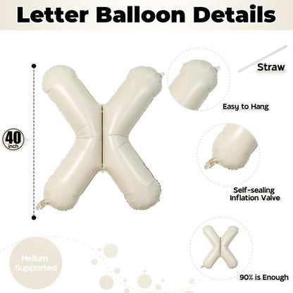 Giant Alphabet X Foil Name Balloons, Cream Ivory White Inflatable Word X Letters for Birthday Decor, 40 Inch Mylar Beige A-Z Custom Letter for Girls Baby Shower Party Decoration Supplies