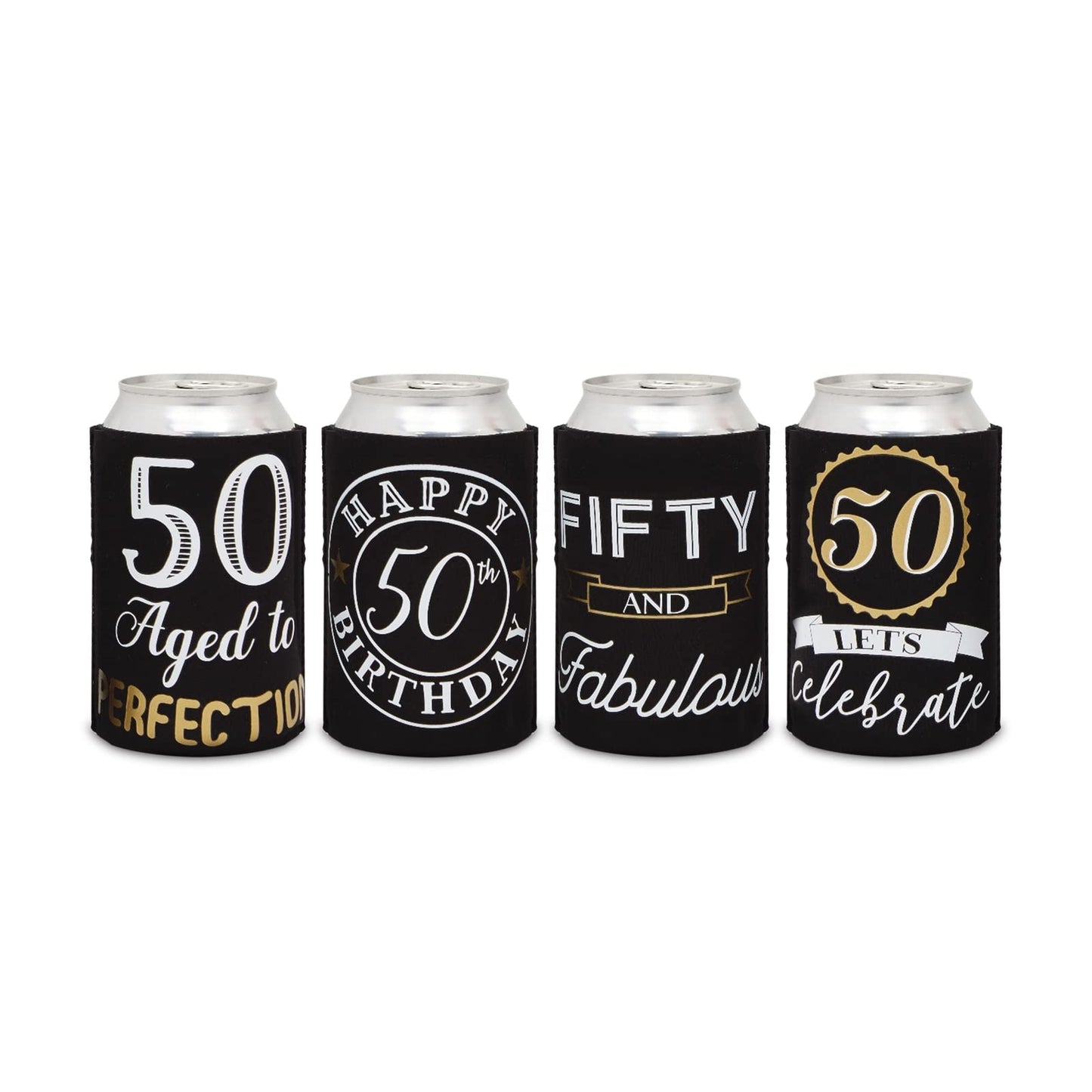 Sparkle and Bash 50th Birthday Can Cooler Sleeves - Medium, Black & Gold, 12-Pack - Insulated Neoprene Holder for 12 Oz Cans, 50th Birthday Party Favors & Decorations