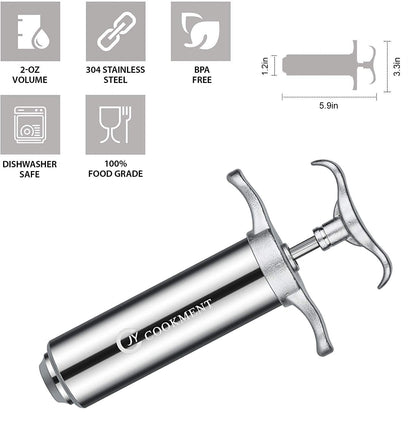 JY COOKMENT Meat Injector Syringe 2-oz Marinade Flavor Barrel 304 Stainless Steel with 3 Professional Needles 2 Cleaning Brushes and 4 Silicone O-Rings