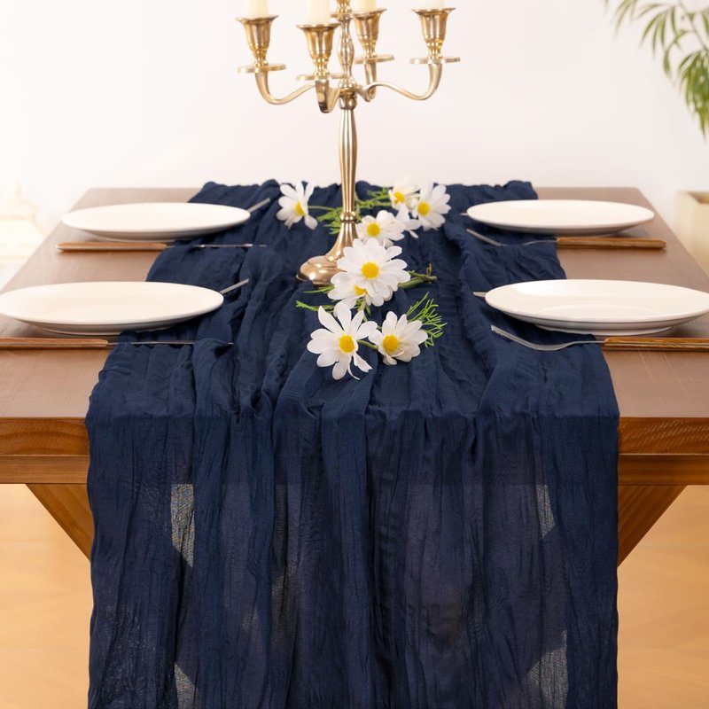 Socomi 3pcs Navy Blue Summer Cheesecloth Table Runner Boho Rustic Gauze 120 inch 10FT Cheese Cloth Sheer Runner for Wedding Party Baby Shower Birthday Home Decor Holiday Decorations