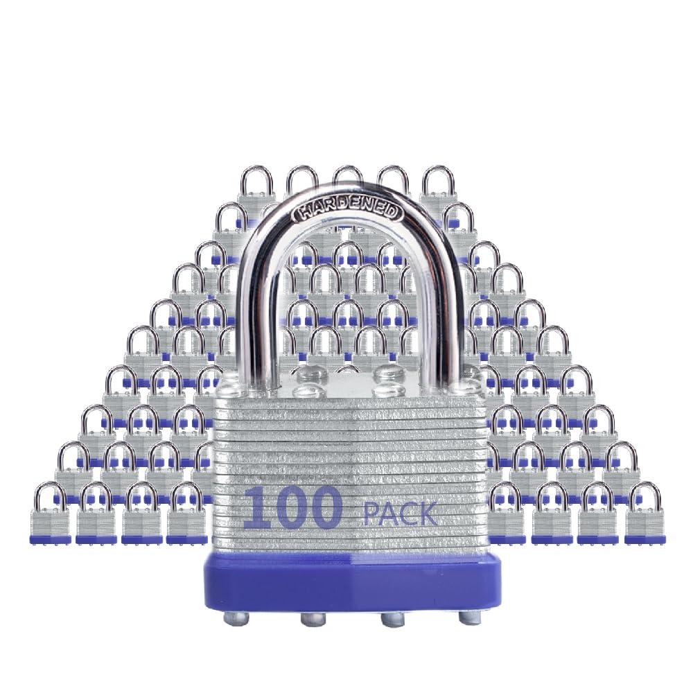 XanHen Keyed Alike Laminated Steel Padlocks, Standard Shackle, for Hasp, Shed, Fence, Storage Locker, School, Gym (100 Pack)