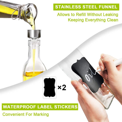 Showvigor Olive Oil Dispenser Bottle, Oil and Vinegar Cruet Bottle 17oz/500 ml, Square Tall Glass Oil Container with 2 Stainless Steel Pourers, 2 Labels,1 Brush and 1 Funnel Oil Bottles for Kitchen