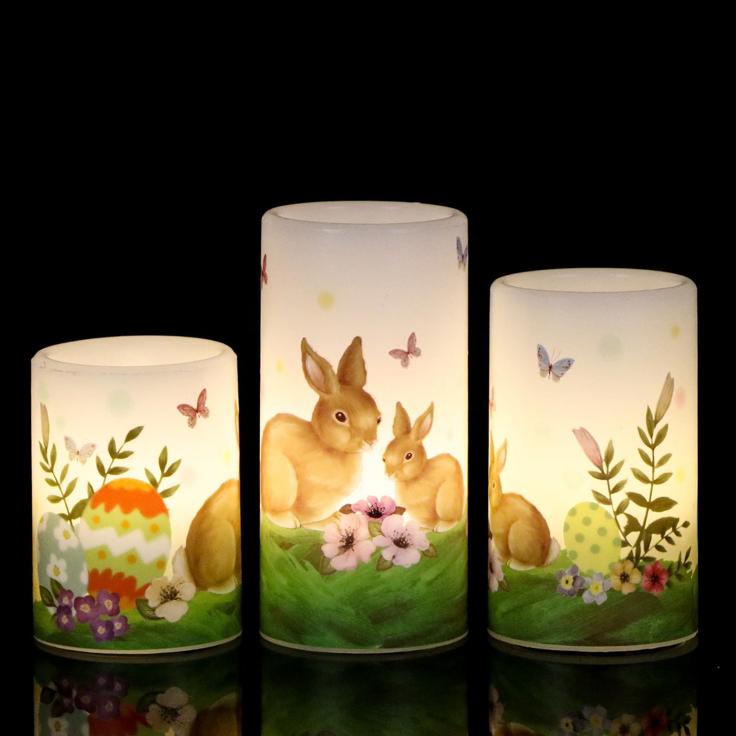 Wondise Easter Bunny Flameless Candles with 6hrs Timer, Battery Operated Pillar Candles with Easter Eggs Lilies Real Wax Flickering LED Candles for Easter Decoration Set of 3(D3 x H4/5/6 Inch)