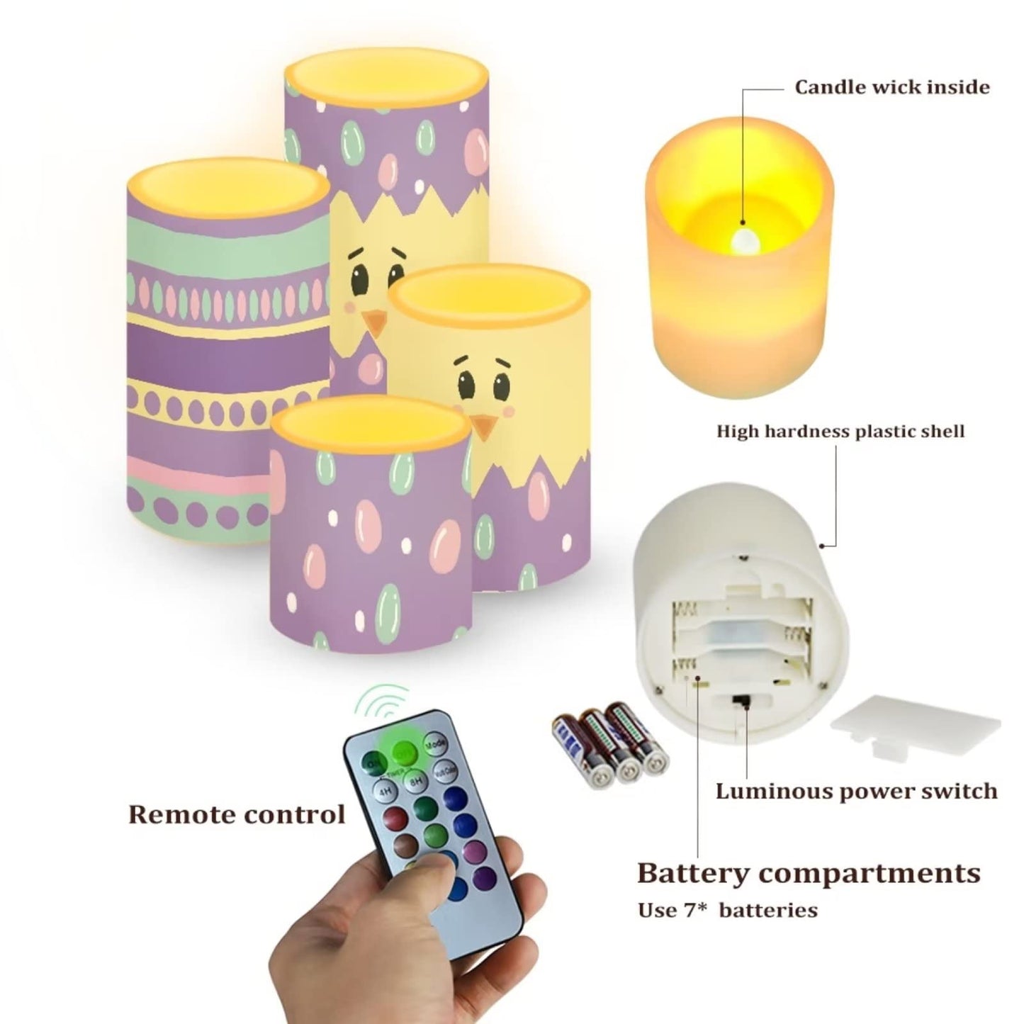 Cozeyat Multi Color Candles 4 Packs,Cute Egg Design Flameless LED Tealights with Remote and Timer,Plastic Realistic Wax Pillar Electric Votive Tea Lights Multi Color,Happy Easter Day Gifts