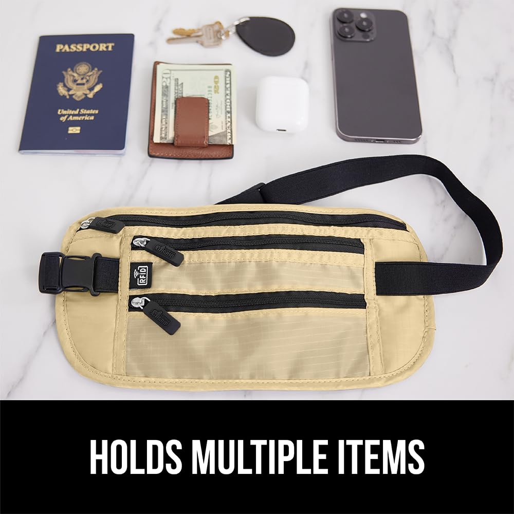 GORILLA GRIP 4 Pocket Secure RFID Blocking Money Belt, Anti Theft Hidden Fanny Pack for Passport and Credit Cards, Water Repellent Travel Pouch for Men Women with Adjustable Waist and Zippers, Sand