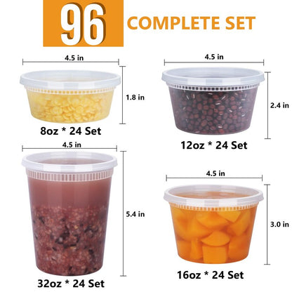 NESCCI 96 Pack (192-Piece) Deli Containers with Lids, 32/16/12/8 oz X 24 Set Each, Leak-Proof & BPA Free Airtight Takeout Plastic Food Storage Containers for Soup, Meal Prep, Microwave/Freezer Safe