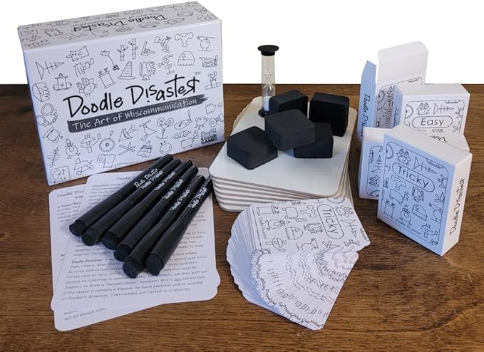 Doodle Disaster: The Art of Miscommunication | A hilarous Drawing Game 2-6 Player Party Game for Families Kids and Adults | Dry erasers and 240 Image Cards