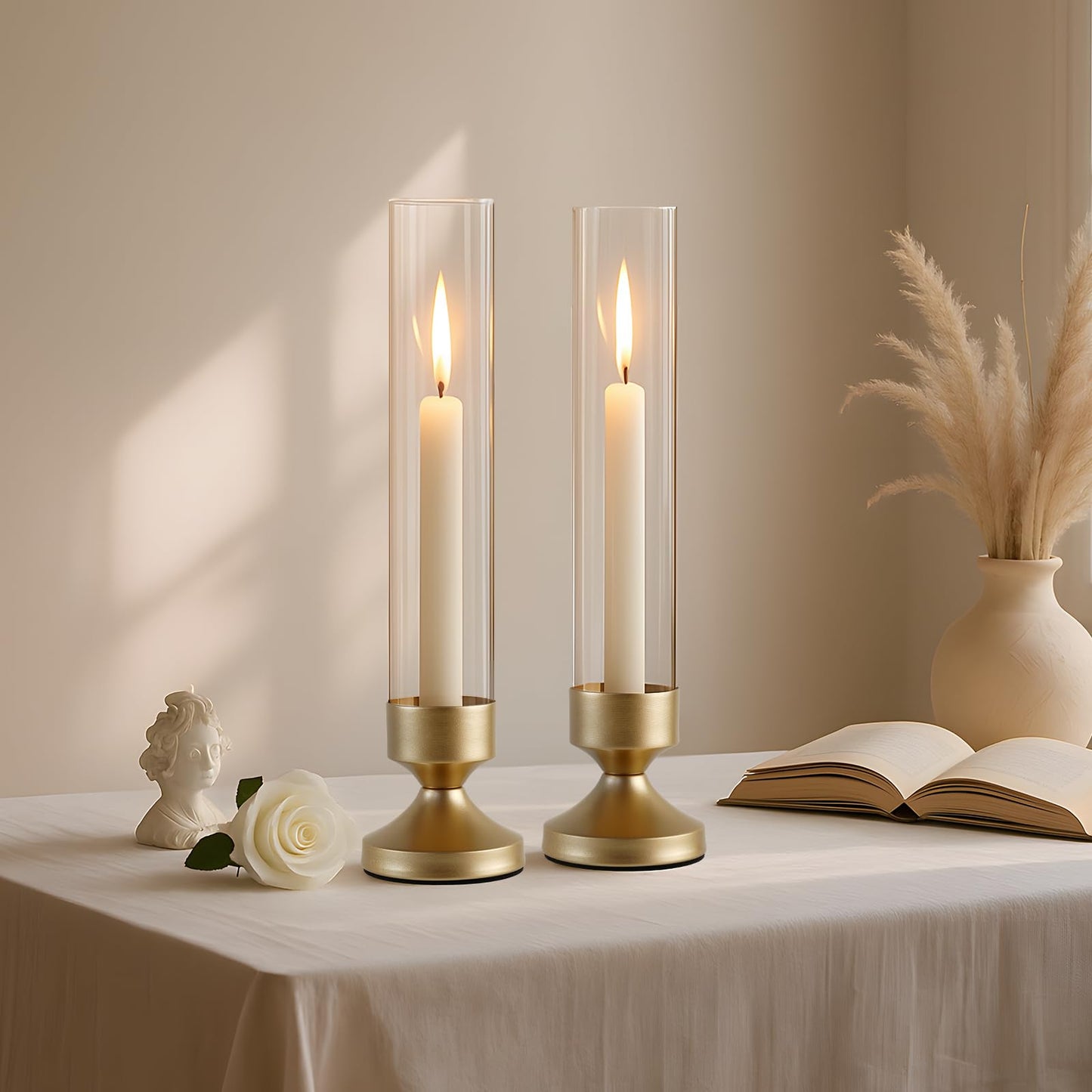 Hurricane Glass Candle Holders, Set of 10 Metal Taper Candlesrick Holders for Centerpieces Tall Gold Candle Stands Bulk with Glass Cylinder for Wedding Birthday Party Table Decor