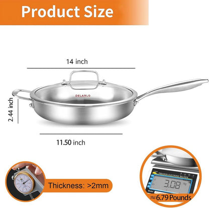 DELARLO Stainless Steel Pan 14-Inch, Large Frying Pan with Lid, Heavy Duty, Compatible with Induction, Gas and Electric up to 650℉, Fast & Even Heating, Dishwasher, Oven Safe Skillet, PTFE & PFOA Free