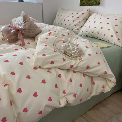 Nayoroom Heart Duvet Cover Queen Size Kawaii Pink Heart Printed on Cream White Bedding Set 3Pcs Kids Girls Cute Heart-Shaped Pattern Comforter Cover with Zipper Closure Soft Breathable Microfiber