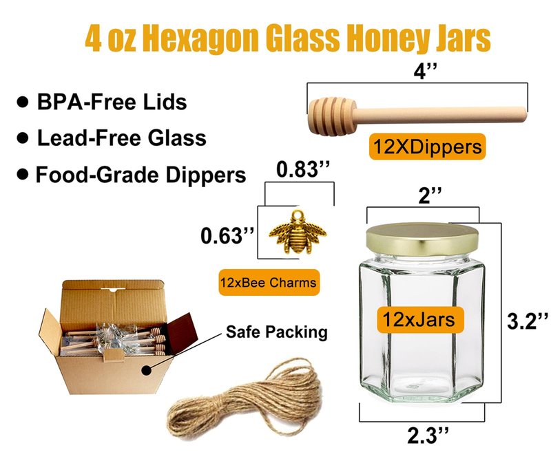 Adabocute 4oz Hexagonal Honey Jars - Glass Honey Jars with Gold Lids, Wooden Dippers, Bee Charms and Jutes - Hexagon Jars for Baby Shower, Wedding and Party Favors, 12 Pack