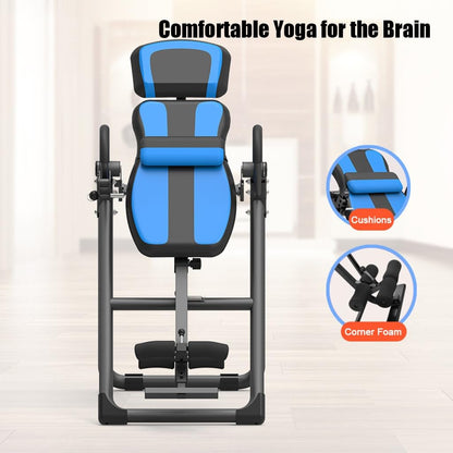 Folding heavy-duty inversion table with a capacity of 330 lbs, with removable shoulder rest and lumbar support