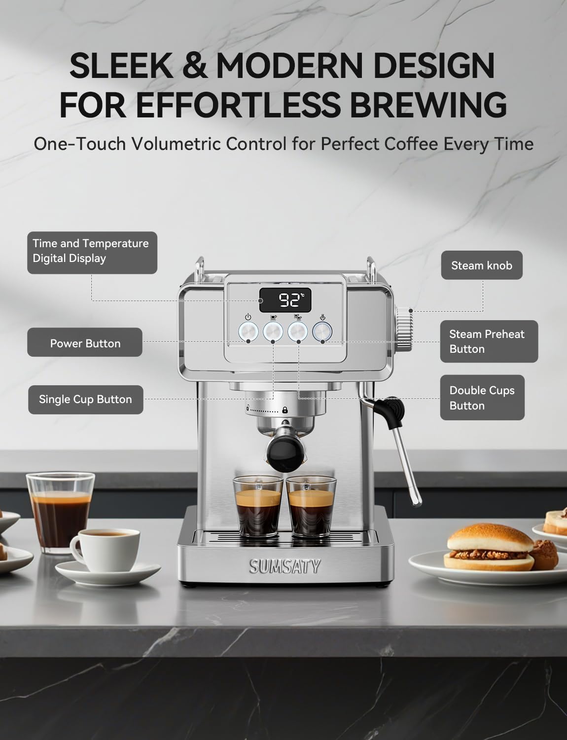 SUMSATY Espresso Machine 20 Bar, Stainless Steel Espresso Maker Professiona Coffee Maker with Power Steam & LED Display for Home Barista, Americano, Latte, Cappuccino Maker, 1.8L Water Tank