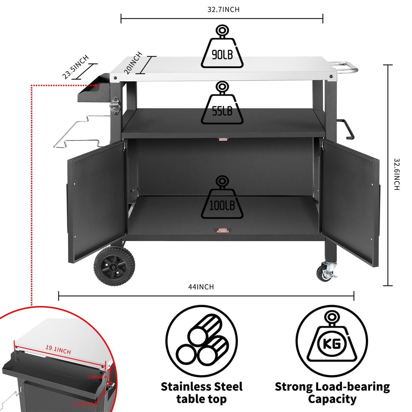 Dining Cart Table with Big Storage Cabinet, Movable Outdoor BBQ Grill Table Pizza Oven Stand, Kitchen Cart Island Multifunctional Food Prep for Inside and Outside
