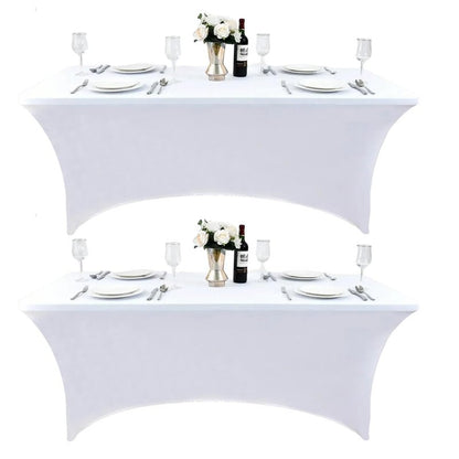 ZarzaaSik 2-Pack 6ft White Spandex Table Covers for Rectangle Standard Folding Tables - Wrinkle Resistant Stretch Tablecloths - Ultimate Fitted Table Protector for Parties, Trade Shows, Banquet