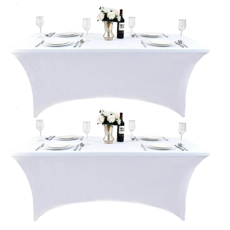 ZarzaaSik 2-Pack 4ft White Spandex Table Covers for Rectangular Folding Tables - Wrinkle Resistant Stretch Tight Table Cloths - Ultimate Fitted Table Protector for Parties, Banquet, and Wedding