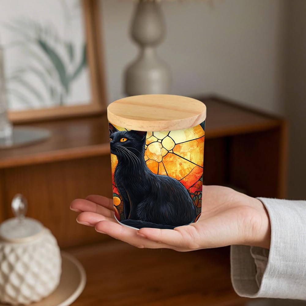 Black Cat Pumpkin Stained Glass Tealight Candle Holder, Halloween Decorations Candle Jar Tea Light Holder, Flowers Tealight Holders Candlesticks Gift for Halloween Christmas Thanksgiving, 3.5x2.8in