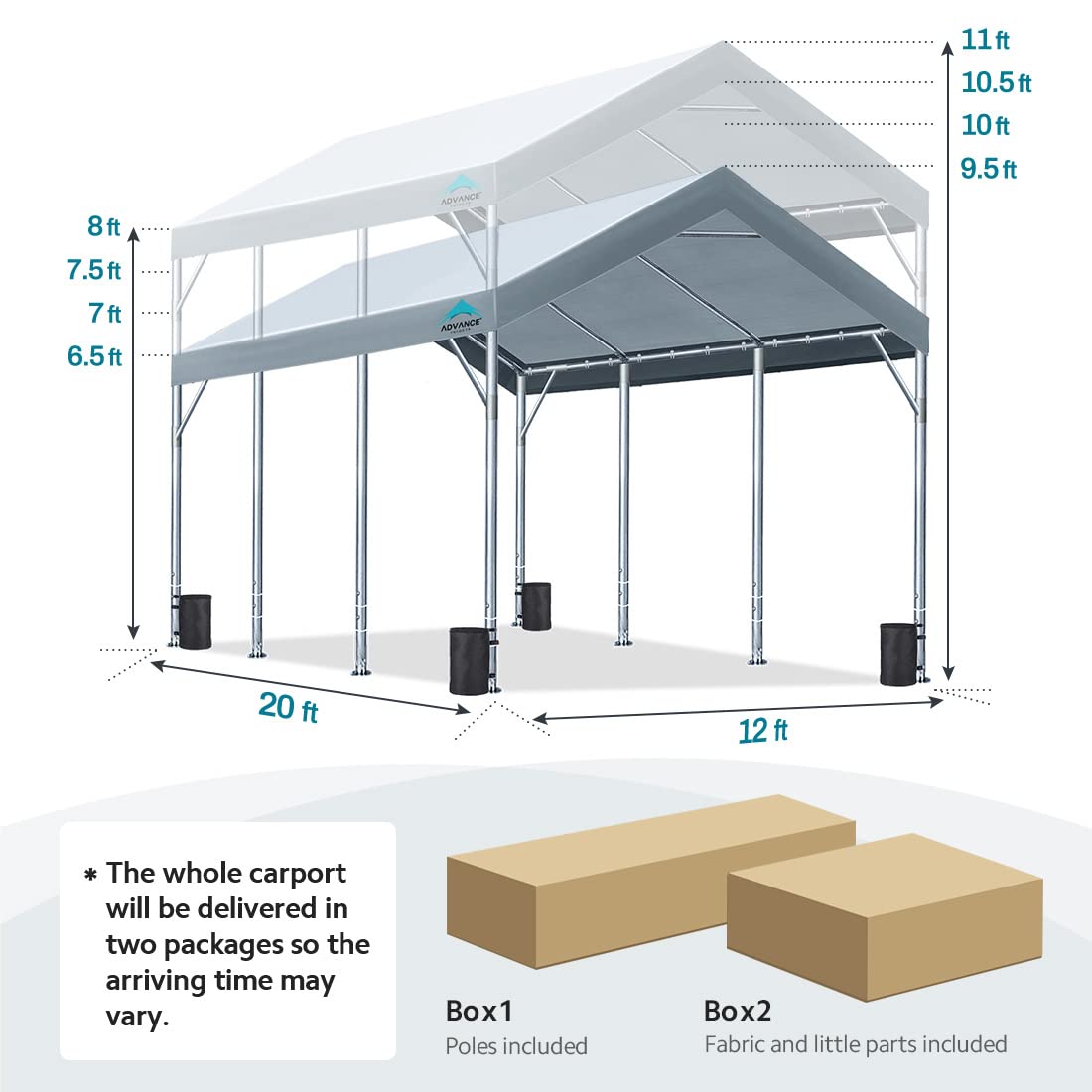ADVANCE OUTDOOR 12x20 ft Heavy Duty Carport Potable Car Canopy Garage Party Tent Boat Shelter, Adjustable Height from 9.5 ft to 11 ft, Gray