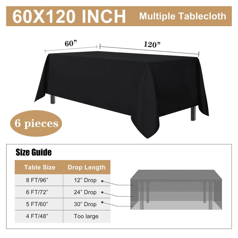 sancua 6 Pack Black Tablecloth 60 x 120 Inch, Rectangle Table Cloth for 8 Feet Tables - Stain and Wrinkle Resistant Washable Polyester Table Cover for Dining Tables, Buffet Parties and Camping