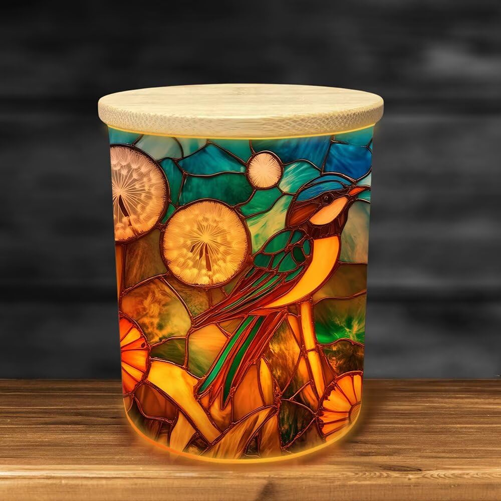 Stained Glass Birds Tea Light Candle Holders, Dandelion Flowers Tealight Candle Holder Jar with Wooden Lid, Bird Votive Candlesticks for Table Centerpieces, Christmas,Birthday Party,Home Decor