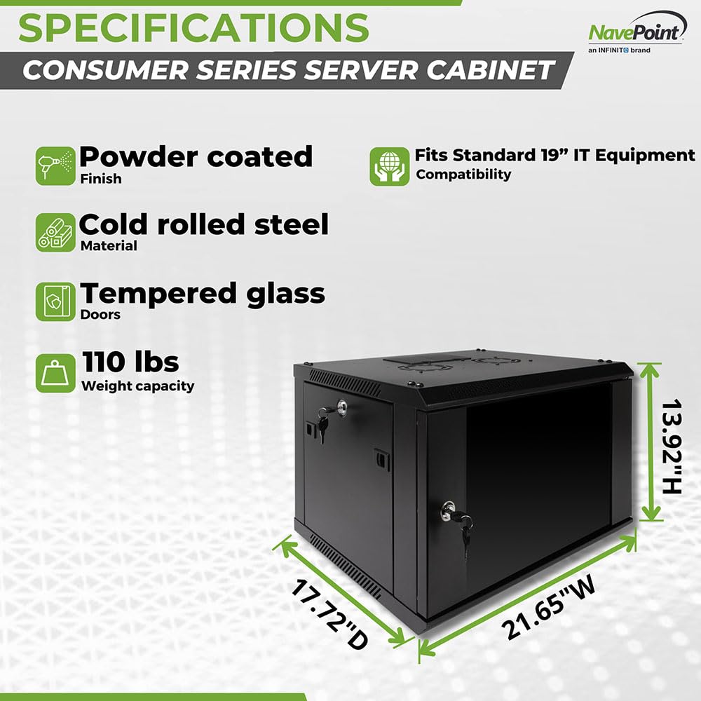 NavePoint 6U Server Rack Enclosure with Glass Door, Cooling Fan, Locks, & Removable Side Panels - 6U Wall Mount Network Cabinet 19 Inch Rack 17.7 Inches Deep