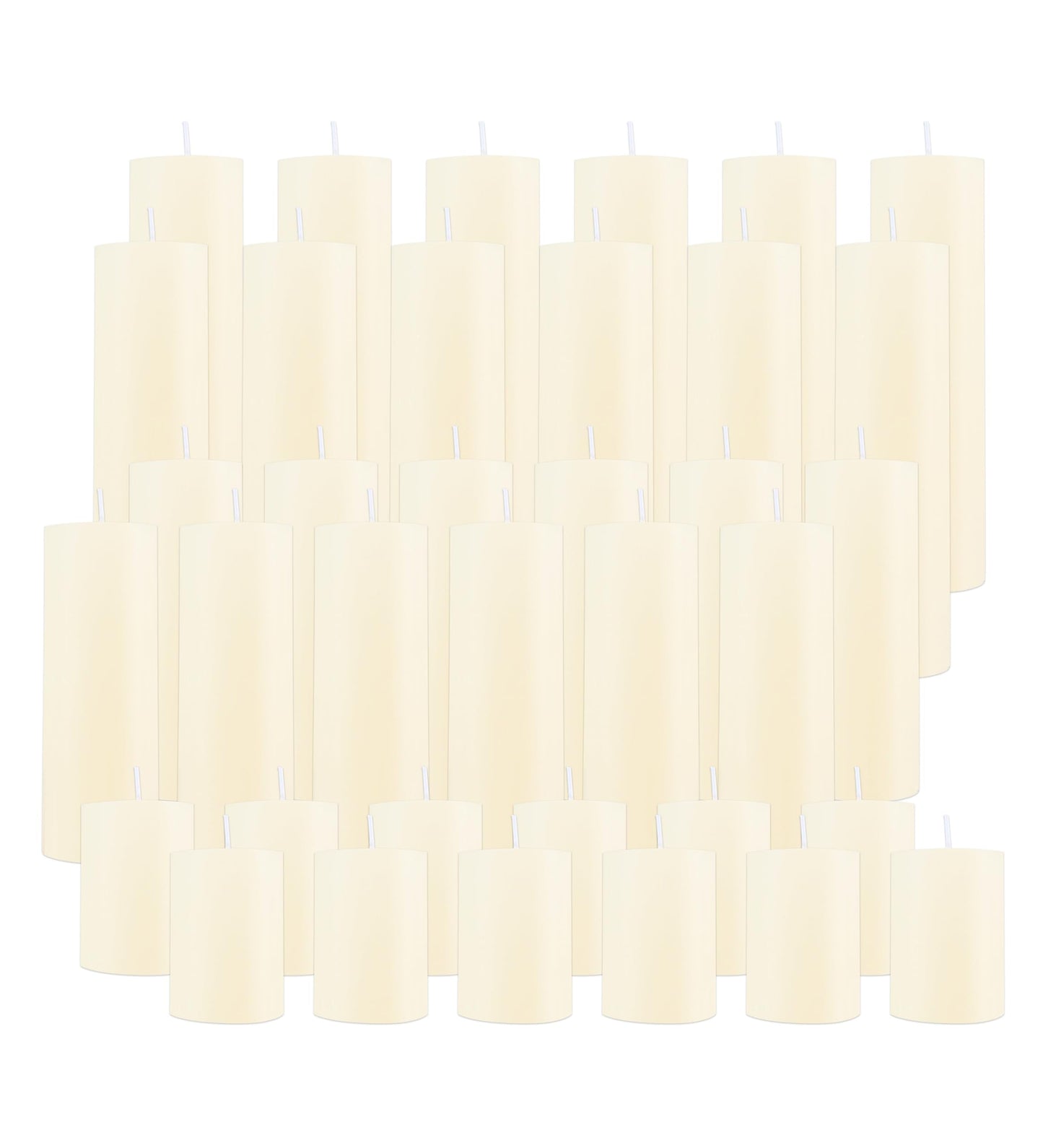 EAKE 36 Pcs Pillar Candles, Unscented Ivory White Pillar Candles, Smokeless Long Burning Wax Candles for Wedding Centerpieces, Valentines Day, Fireplace, Special Occasion, 2 in by 3, 5.9, 7.8IN
