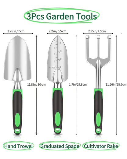 Garden Tools, Heavy Duty Cast-Aluminum Garden Tool Set with Hand Trowel, Transplant Trowel, Cultivator Rake, Soft Rubber Ergonomic Non-Slip Handle, Gardening for Home Gardeners (Basic Set (3 PCS))