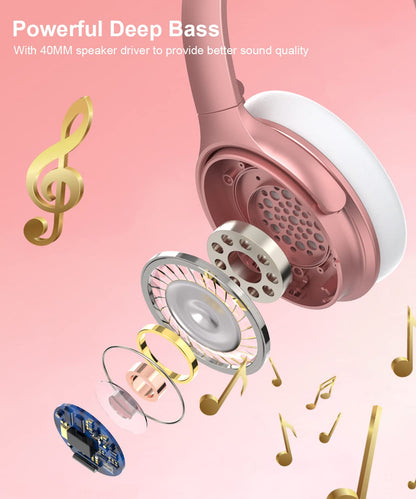 INFURTURE Pink Headphones Over Ear Headphones Active Noise Cancelling Bluetooth Headphones, Deep Bass Headset, Low Latency, 90H Playtime, Foldable Headphone for Sport Running Cool Gadgets Gift-H1