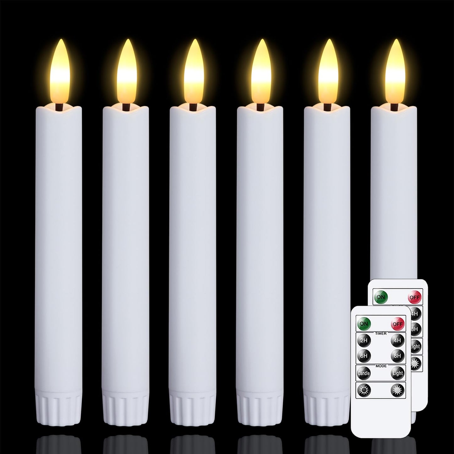 Mavandes 6.4 Inches Plastic LED Taper Candles with Remote and Timer,White Flameless Battery Operated Flickering Candlesticks,Pack of 6 Flameless 0.78” Diameter 3D-Wick Tall Window Candles,Long-Lasting