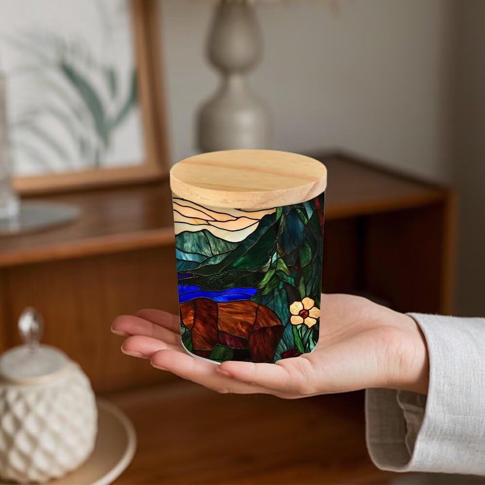 Stained Glass Bears Tea Light Candle Holders, Mountain Tealight Candle Holder Jar with Wooden Lid, Pine Tree Votive Candlesticks for Table Centerpieces, Christmas,Birthday Party,Home Decor