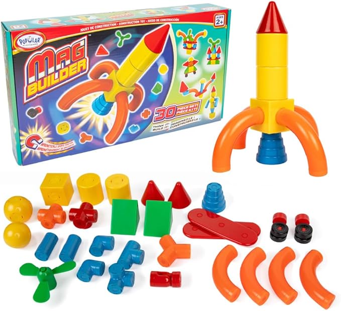 POPULAR PLAYTHINGS Mag Builder Building Set Magnetic Connecting Toy for Kids Imagination and Creative Play Crazy Shapes Gift for Children - 30 Piece