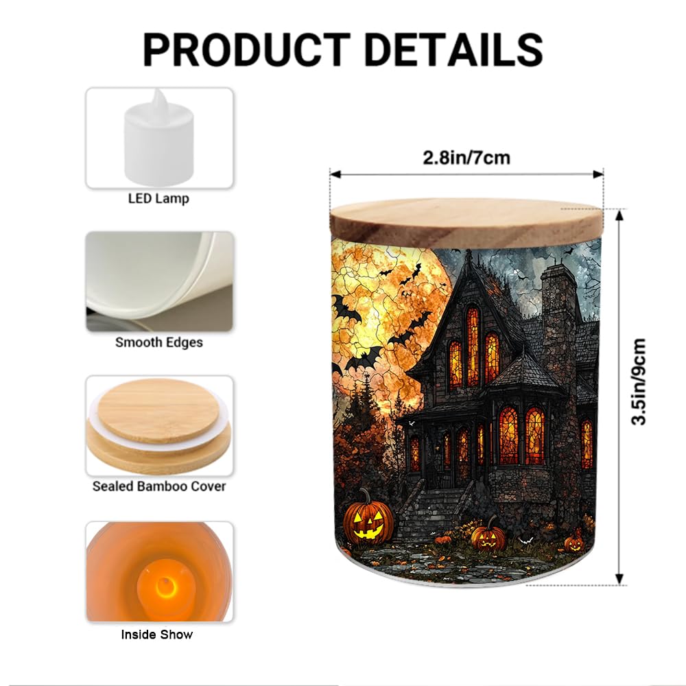 Halloween Horror House Tealight Candle Holder, Pumpkin Candle Jar Tea Light Holder, Stained Glass Halloweens Night Tealight Holders Candlesticks Gift for Halloween Christmas Thanksgiving
