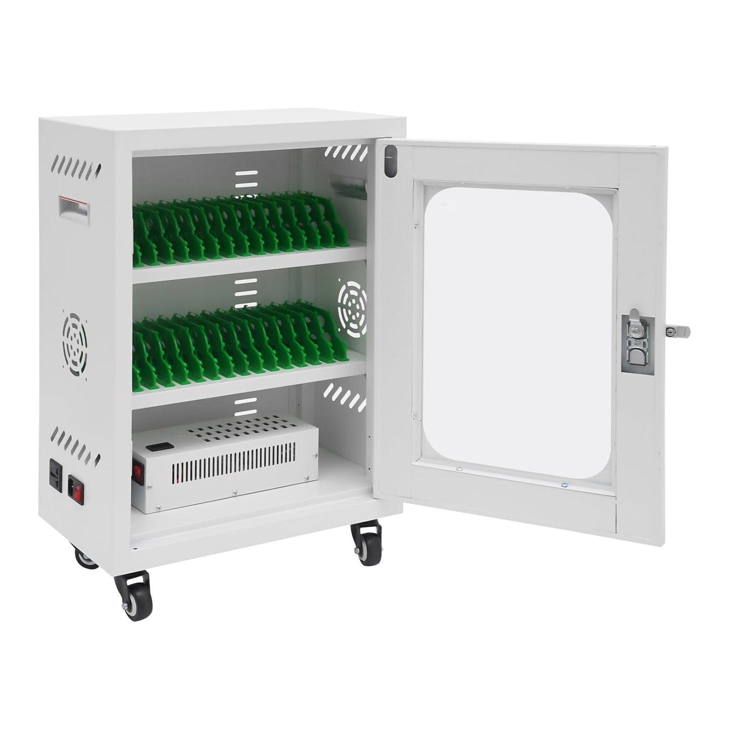 DYRABREST 30-Device Charging Station, Mobile Charging Cart with Lockable Tempered Glass Door, 300W 30-Port USB Charging Cabinet for Phones & Tablets, Secure Charging Locker for Schools, Offices
