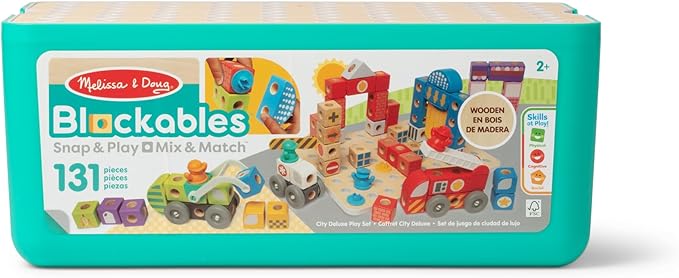 Melissa &amp Doug Blockables™ Deluxe City Snap and Play Mix and Match Connectable Wooden Building Blocks Set with Storage Bin and Play Lid (122 Pcs) Ages 2 to 7- FSC Certified