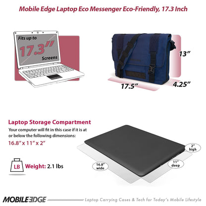 Mobile Edge ECO Laptop Messenger Bag for Men and Women, Fits Up To 17.3 Inch Laptops, Travel Work Computer Bag, Cotton Canvas, Padded Pockets, Black